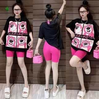 Set bộ áo thun in hình gấu xinh kèm quần ngố ôm