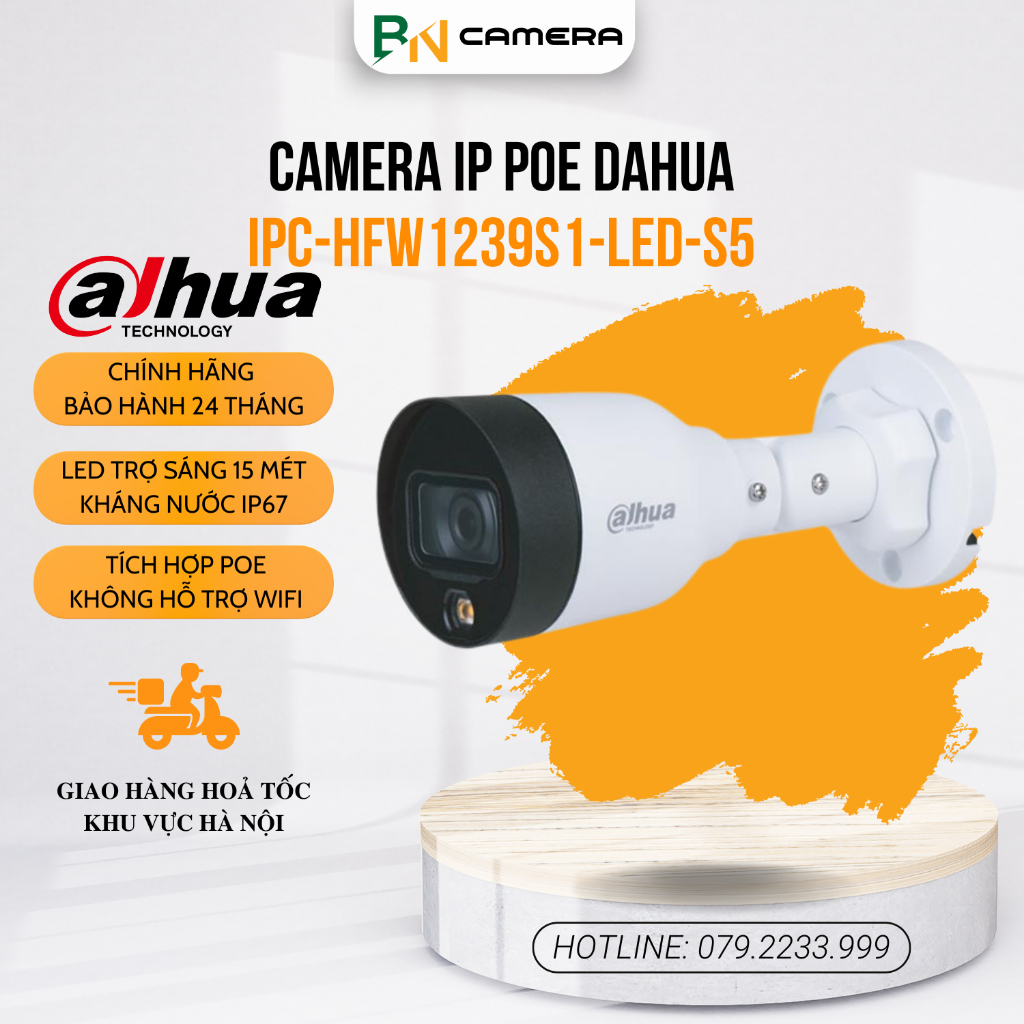 Camera IP POE Dahua HFW 1239S1-LED-S5 2.0MP có màu ban đêm, chính hãng