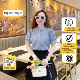 Áo kẻ sơ mi nữ cổ lá sen phối ren cộc tay cao cấp công sở màu xanh hồng, áo sơ mi họa tiết thiết kế MQ Boutique