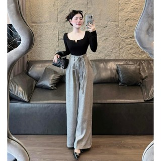 Bộ Đồ Kiểu Quần Tây Lưng Cao Ống Rộng Thời Trang Kèm Dây Cột Eo Mix Aó Thun Tay Dài Siêu Hack dáng