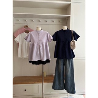 Áo sơ mi nữ A.608, Áo sơ mi cổ tàu tay ngắn dáng babydoll kèm cúc dọc thân phong cách dễ thương - Shop Chấm Bi