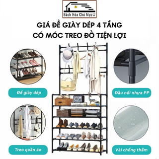 Giá Để Giày Dép, Kệ Treo Đồ Đa Năng 4 Tầng Thông Minh Có Móc Treo Quần Áo Và Đồ Dùng, Chất Liệu Thép Chịu Lực Tốt