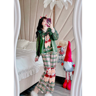Đồ bộ Noel nữ mặc nhà áo tay dài quần dài chất lụa xước phối voan Freesize 40-60kg - Chun's sleepwear