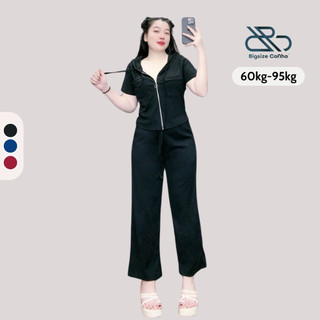 Set đồ nữ Bigsize CÔ NHỎ gồm áo thun khóa kéo có nón kết hợp quần dài lưng thun cột dây chất liệu gân- SET14