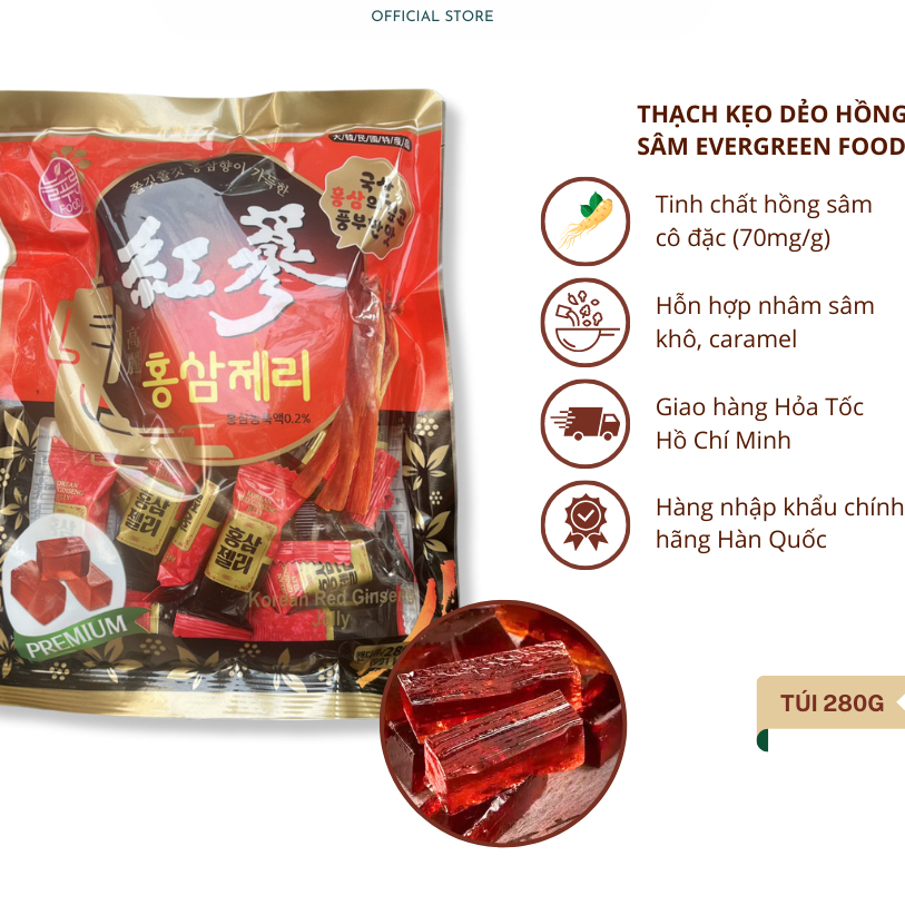 Kẹo Sâm Thạch Dẻo Hồng Sâm Korean Red Ginseng Jelly Evergreen Food Hàn Quốc 280g/VPL
