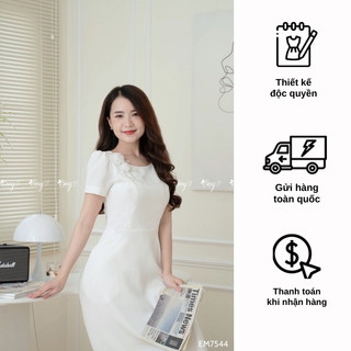 Đầm EMY EM7544 Xoè Trắng Kết Hoa Cổ
