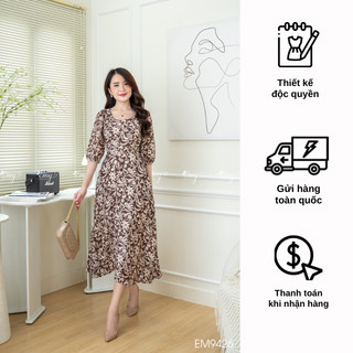 Đầm emy em9426 xoè nâu cổ lục giác