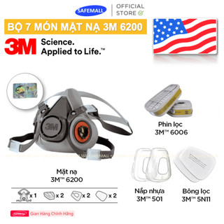 Bộ 7 món mặt nạ phòng độc 3m 6100 / 6200, 2 phin lọc 3m 6006, 2 tấm lọc bụi 3m 5n11, 2 nắp giữ tấm lọc 3m 501