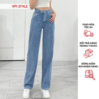 Quần jean ống rộng nữ VMSTYLE, Quần jeans ống suông cạp cao 2 nút ngang dễ phối đồ N99 - QJR00005