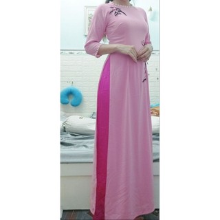 bộ áo dài lụa kèm quần hồng phi hồng nhạt