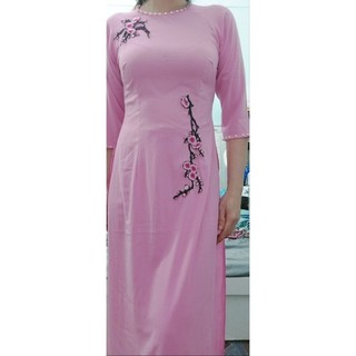 bộ áo dài lụa kèm quần hồng phi hồng nhạt