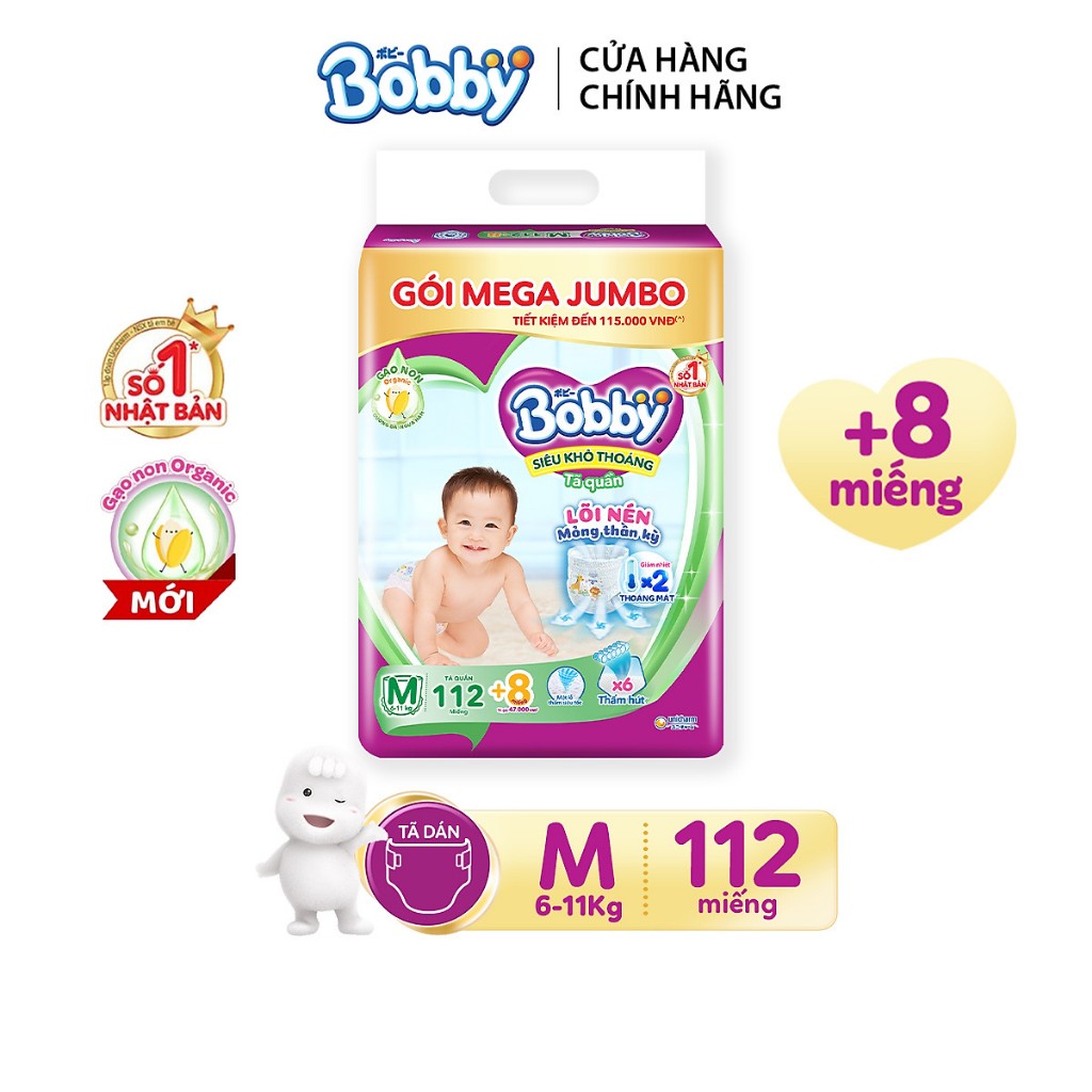 Tã quần Bobby gói Mega Jumbo : M112-L96-XL84-XXL76 + 8 MIẾNG