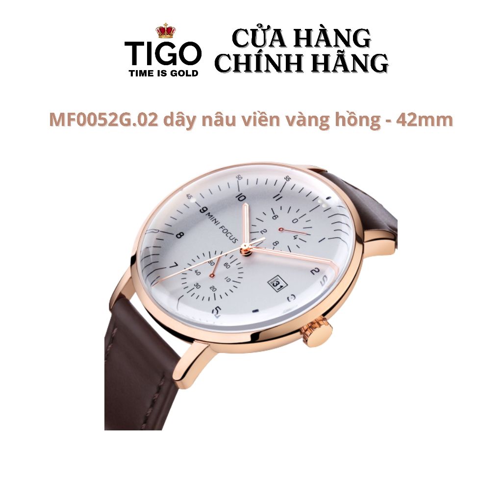 Đồng Hồ Nam MINI FOCUS MF0052G.02 Dây Da Nâu Viền Vàng Thép Không Gỉ Mặt Tròn 42mm
