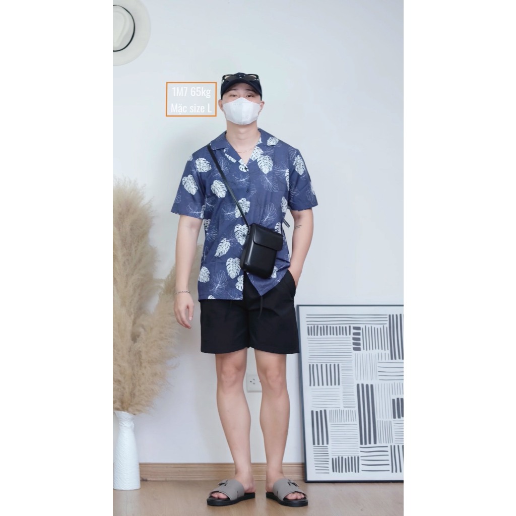 Áo sơ mi TOPGU navy họa tiết lá trắng, Áo sơ mi Cuban shirt vải lụa thoáng mát không nhăn, form regular