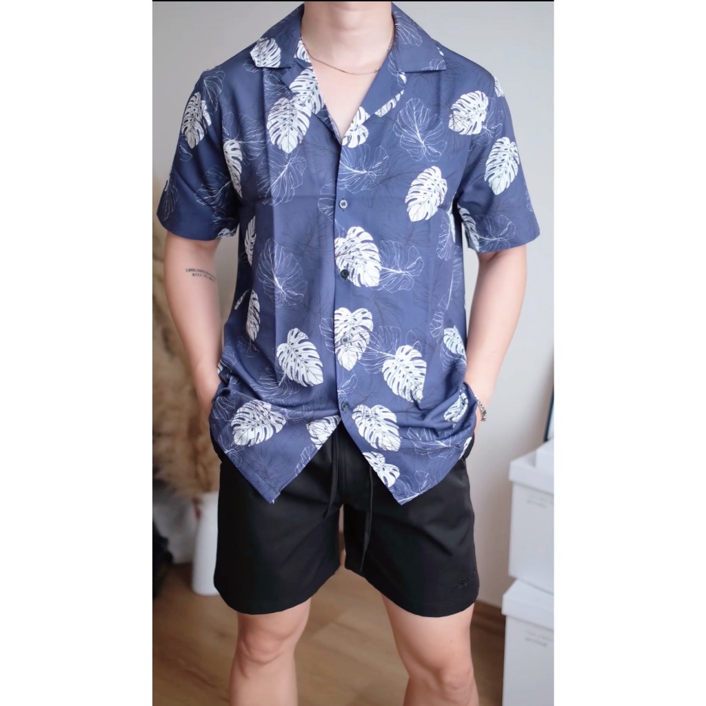 Áo sơ mi TOPGU navy họa tiết lá trắng, Áo sơ mi Cuban shirt vải lụa thoáng mát không nhăn, form regular