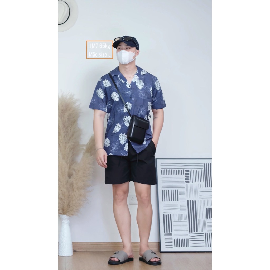 Áo sơ mi TOPGU navy họa tiết lá trắng, Áo sơ mi Cuban shirt vải lụa thoáng mát không nhăn, form regular