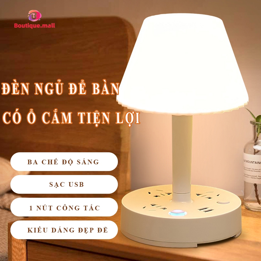 Đèn Ngủ Để Bàn BOUTIQUE Đèn Để Bàn Đa Năng Tích Hợp Ổ Cắm USB Kế Để Điện Thoại Nút Nguồn+Công Tắc Đèn