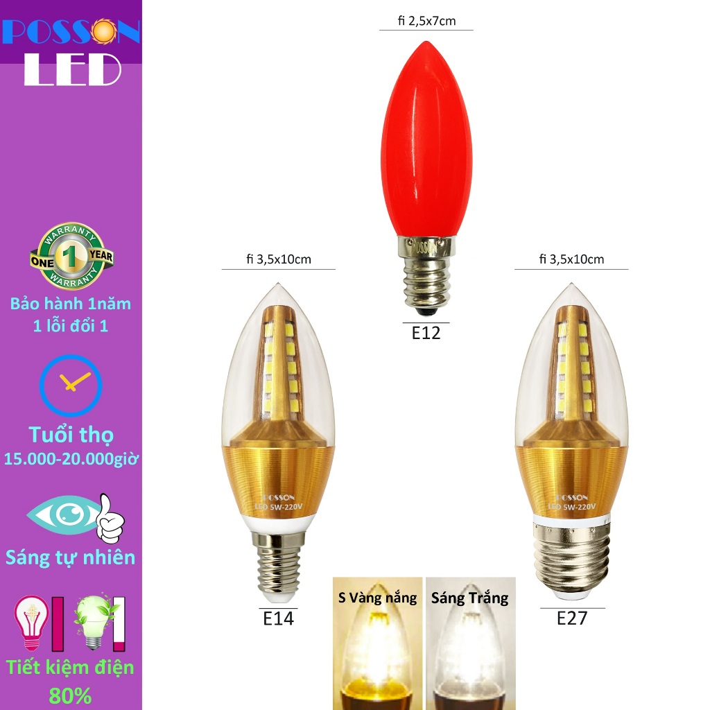 Bóng đèn Led nến quả nhót trái ớt cà na 1w 5w đui đuôi E12 E14 E27 trang trí đèn chùm Posson LCh-LCP-Ex