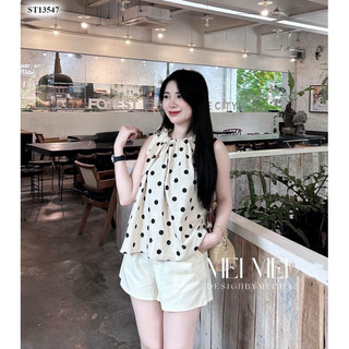 Bộ đùi áo chấm bi đen mix quần trắng