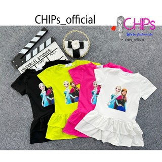 Váy Cotton Cộc Tay Mùa Hè Xếp Bèo Hai Tầng In ELSA Cho Bé Gái Kèm Quần Chip