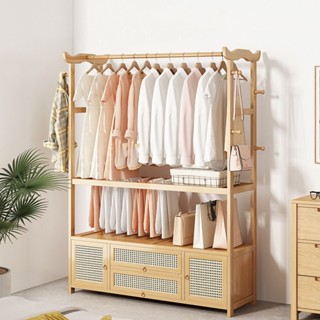 Kệ treo quần áo gỗ cửa mây tre đan, giá treo quần áo 2 tầng 100x30x170cm decor, tủ đựng quần áo