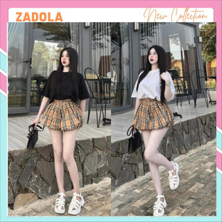 Set bộ đồ nữ áo phông trơn kèm quần kẻ caro chất thoáng mát mix đồ