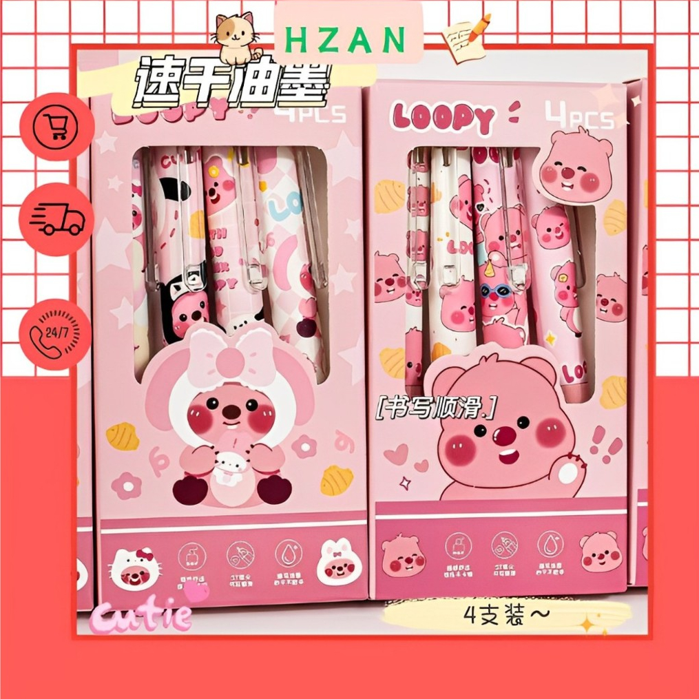 Hộp 4 Bút Béo Loppy Mực Gel Loopy Có Đệm Tay Cực Êm Họa Tiết Hoạt Hình Dễ Thương, Siêu Cute