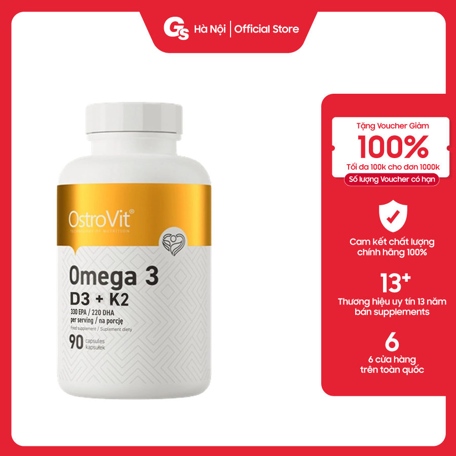 Viển uống Ostrovit Omega 3 D3 + K2 Plus Vitamin E (90v) nhập Ba Lan giúp cải thiện trí não Gymstore