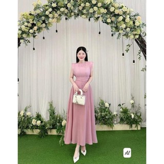 [6.6 Sales Freeship] Đầm  thiết kế dáng dài phối voan tơ sang chảnh, set đầm maxi cột nơ sau lưng 2 tone màu dx