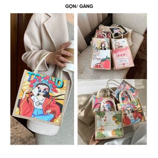 Túi cói mini túi vải tote mini có khóa in hình đựng đồ đi chơi thời trang nữ vintage Gọn Gàng