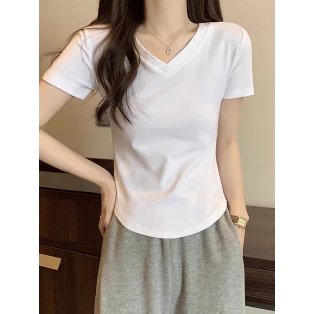 Áo thun cộc tay nữ croptop cổ V, màu trơn đơn giản, Thời Trang unisex | BigBuy360 - bigbuy360.vn
