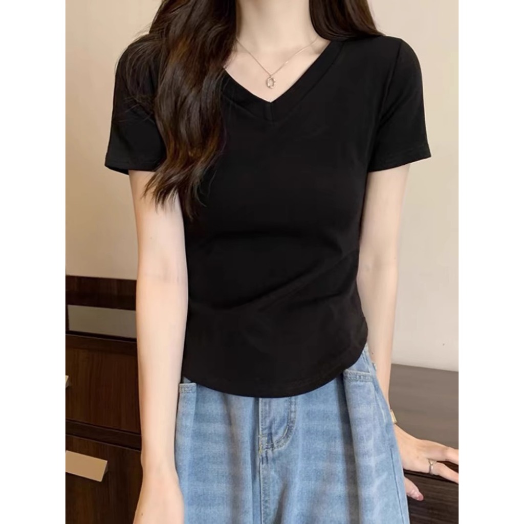 Áo thun cộc tay nữ croptop cổ V, màu trơn đơn giản, Thời Trang unisex | BigBuy360 - bigbuy360.vn