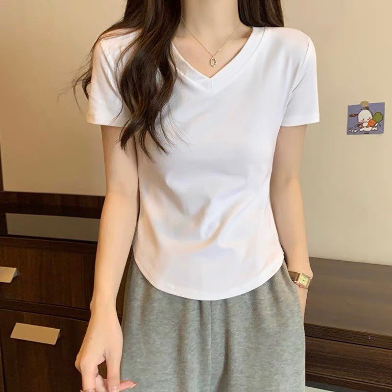 Áo thun cộc tay nữ croptop cổ V, màu trơn đơn giản, Thời Trang unisex | BigBuy360 - bigbuy360.vn