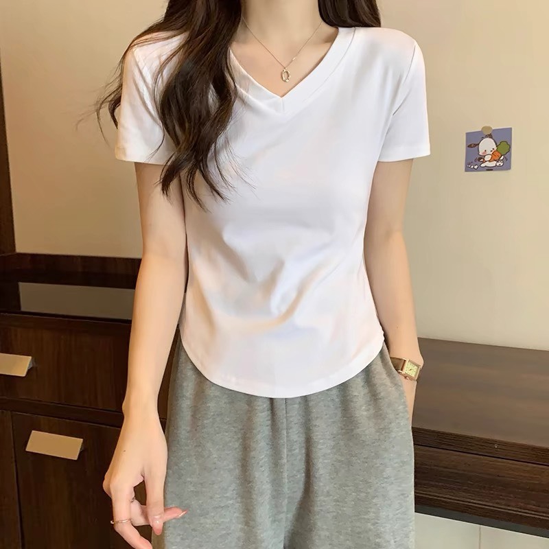 Áo thun cộc tay nữ croptop cổ V, màu trơn đơn giản, Thời Trang unisex | BigBuy360 - bigbuy360.vn