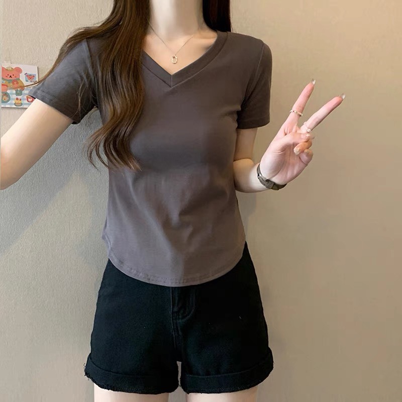 Áo thun cộc tay nữ croptop cổ V, màu trơn đơn giản, Thời Trang unisex | BigBuy360 - bigbuy360.vn