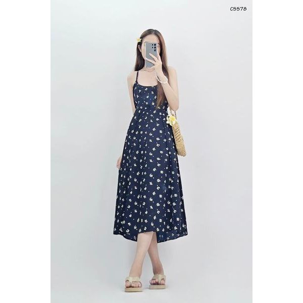 C5578 - Đầm 2 dây cột dây eo phối hoa