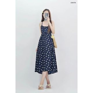 C5578 - đầm 2 dây cột dây eo phối hoa