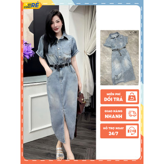 Đầm váy bò nữ Jean dáng dài Váy ngắn tay cổ bẻ xẻ tà tặng kèm đai C&H Clothing