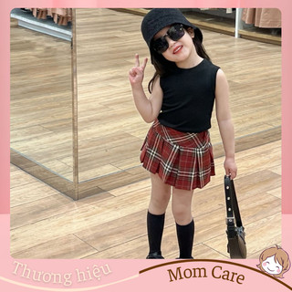TT392 Set Áo cotton sát nách phối chân váy kẻ caro - MOMCARE
