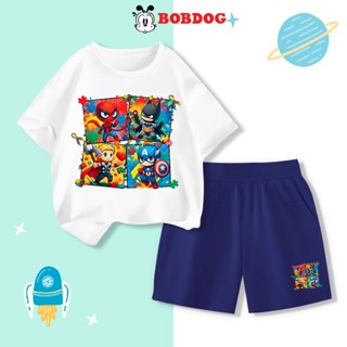 Đồ bộ bé trai ngắn tay BOBDOG sét áo thun quần da cá in hình siêu nhân Marvel A84 dễ thương cho bé