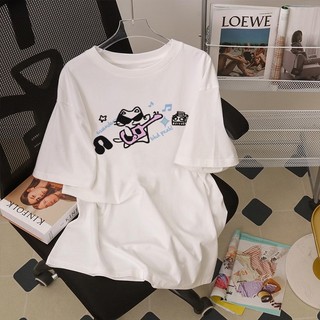 Áo thun ngắn tay NBOT in hình mèo cotton nguyên chất phong cách Mỹ dành cho nữ rộng ba thanh 100% cotton-Y1157 20240517