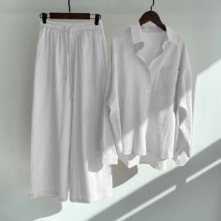 set bộ sơ mi nữ linen và quần ống rộng có dây rút eo siêu sang chảnh cho các nàng đi chơi hay đi làm