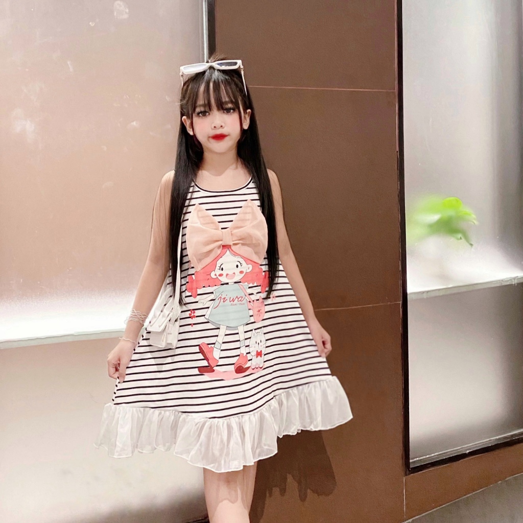 Váy balo cô gái đính nơ hồng cho bé đón hè 2024 size đại 19-45kg