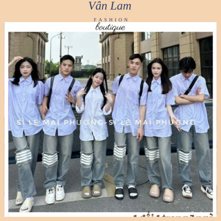 Quần jean boy phố girl phố quần jean bò dáng suông ống rộng nam nữ hoạ tiết kẻ vạch cực hot mẫu mới năm nay