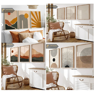 Bộ 3 bức Tranh Treo Tường Canvas Trừu Tượng Tối Giản Boho Minimalism tone nâu Trang trí Phòng Khách Ngủ- Melyhome Decor