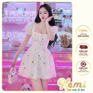 Váy cổ vuông tay phồng thêu thỏ xinh mặc dự tiệc Kemi, đầm xòe chuẩn form tôn dáng