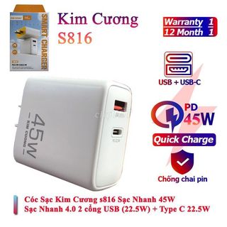 Cóc sạc nhanh 45w s817. cóc sạc nhanh kim cương s816 45w, hỗ trợ 2 cổng sạc , củ sạc nhanh chính hãng, b