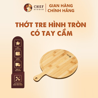 Thớt tre Chef Studio cao cấp hình tròn có rãnh, tay cầm, bền bỉ, an toàn cho sức khỏe, dùng cắt thái và bày trí đồ ăn
