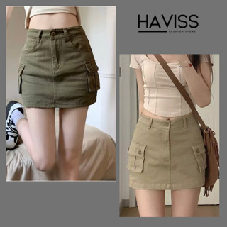 Chân váy Denim kaki Haviss cạp lưng cao body 2 túi nắp hộp kiểu dáng năng động khỏe mạnh