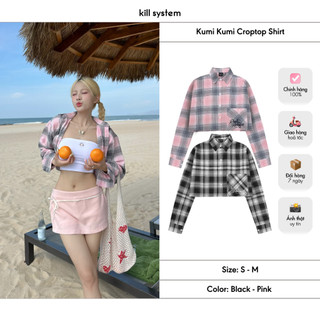  Áo sơ mi croptop flannel Kill System kẻ sọc tay dài túi vuông chữ in Kumi Kumi